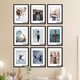 Art Street 11x14 Elite Picture Frame Set of 9, Display Pictures 8x10 with Mat or 11x14 Without, Gallery Wall Frame Set for Wall Display, Engineered Wood with Shatter Resistant Plexiglass, Black