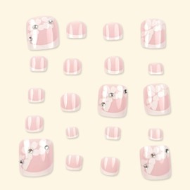 French Tip Press on Toenails Short Square Fake Toe Nails Flowers False Toenails Glossy Full Cover Acrylic Glue on Toenails Rhinestones Artificial Stick on Toenails for Women Manicure 24Pcs