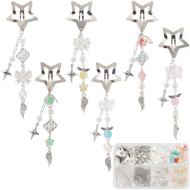 SUNNYCLUE 1 Box DIY 6 Sets Star Tassel Hair Clips Making Kit Stars Hairclips Cute Wing Bowknot Bow Beaded Pendant Hairclip With Tassels Snap Barrettes for Women Braid Long Short Thin Thick Hair