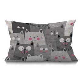 BGBDEIA Cat Cushion Cover 30 x 50 cm Cute Cartoon Animal Kitten Head Doodle Smile Rectangle Pillow Cases Home Decorative Cotton Linen Throw Pillow Cover for Bed Sofa Grey White Black 12x20 Inch