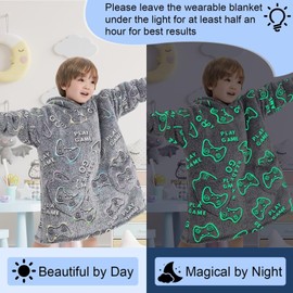 Fiosnow Glow in The Dark Game Controller Blanket Hoodies for Kids Toddler 2-6YR Oversize Wearable Blanket Hoodies for Boys Girls