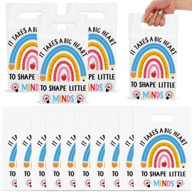 Whaline 50Pcs Teacher Appreciation Party Favor Bags Pencil Rainbow Treat Bags with Handles Plastic Candy Goodie Bags for Teachers' Day Back to School Party Favors Supplies