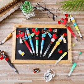 Jutom 12 Pcs Plastic Beadable Pens with 50 Pcs Colorful Beads 12 Tassels 12 Pendants Assorted Colors Bead Pens for DIY Making Kit for Pens Beaded Pens for Office (School)