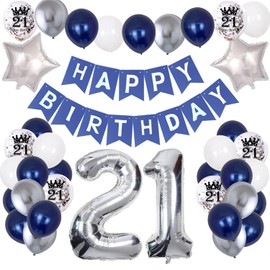 21st Birthday Decorations for Men, 21 Years Birthday Party Supplies with Happy Birthday Banner and Foil Number 21 Balloons, Silver Navy Blue Theme Party for Boys 21st Birthday Decoration