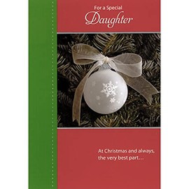 Designer Greetings White Ornament with Snowflake and White Ribbon Bow on Evergreen Tree Christmas Card for Daughter