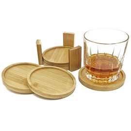 Coaster Set with Holder | Bamboo Wood | Includes 4 Round Coasters and one Holder | Use for Drinks, Beverages, Beer, Coffee! | Barware Kitchen | Housewarming (Bamboo, Brown, Wood)