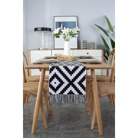 KnBoB Cotton Linen Black White Geometric Puzzle Pattern with Tassels Table Runner for Wedding Party Event Table Decoration Size 32 x 180 cm