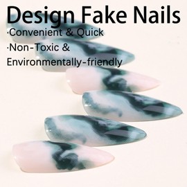 Green Marble Press on Nails Long Almond Fake Nails Mirror Acrylic Nails with Glue on Nails Full Cover Reusable Stick on Nails for Women DIY Charm Manicure