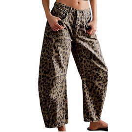 YSW Cheetah Barrel Jeans Women Leopard Print Jean Y2k Mid Rise Baggy Boyfriend Wide Leg Ankle Boho Pants Gray S