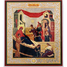 Needzo Nativity of Virgin Mary, Gold Foil Wooden Icon 7 1/2 Inch, Wall Hanging With Stand, Orthodox Catholic Icon