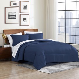 Cathay Home Basic Bedding Home Essential Ultra Soft Light Weight 8PC Wrinkle Resistant Microfiber Bed in a Bag Set (Includes Complete Sheet Set, Comforter Set & Bedskirt) - Queen, Indigo