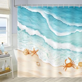 Bonhause Beach Shower Curtain – Teal Blue Ocean Waves Coastal Bathroom Decor, 72x72 Inch Waterproof Polyester Fabric with 12 Hooks Included