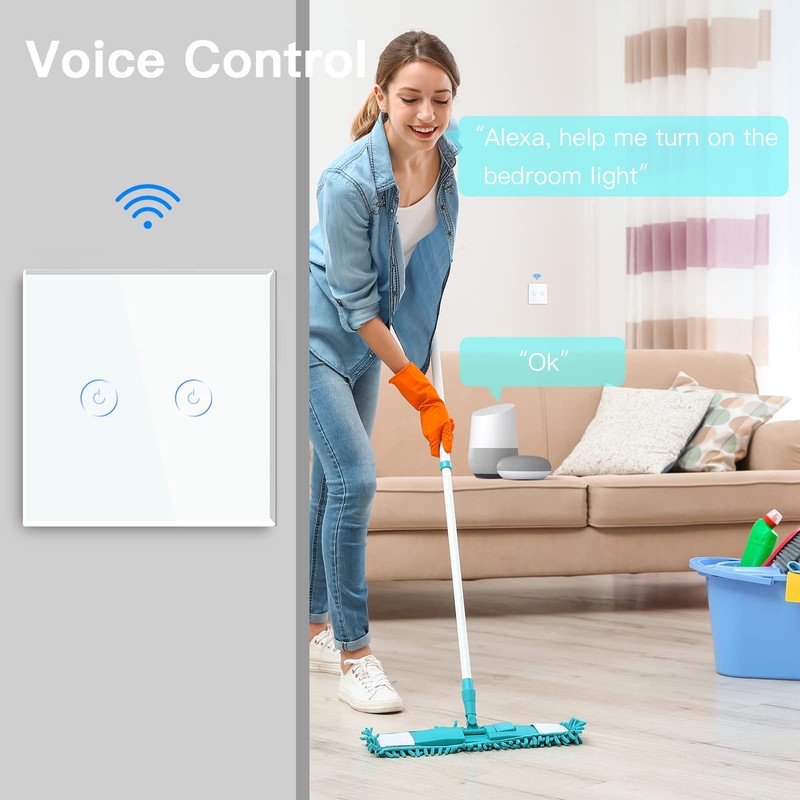 BSEED WiFi Touch Switch White,2 Gang 1 Way Smart Light