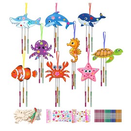 CYCLYTE Wind Chime Craft Set Children, 9 Pieces Sea Animal Wooden Wind Chime Crafts for Painting, Double-Sided Decoration for Painting for Girls Boys Children's Birthday Christmas Spring (Sea Animal)
