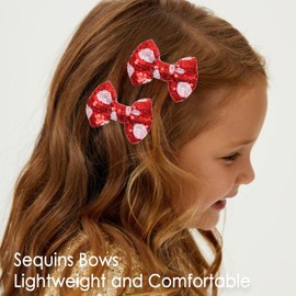 KISZU 3 Inch Glitter Hair Bows Clips, Sparkling Sequin Little Bow HairPins for Baby Girls Children Teens and Women (Red Dot)