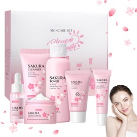 MINGRUO Sakura Skin Care Set, Cherry Blossom Skin Care Set, Sakura Face Care Set, Skin Care Set for Teenage Girls, Gift Set, Skin Care Set, Moisturising for Face, Pack of 6
