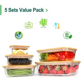 Urban Green Glass Bamboo Lids, Meal Prep Containers Food storage, 5 Pack, Pantry Kitchen Fridge Cabinet Organizer, Lunch box, Butter Dish, Microwave Oven,