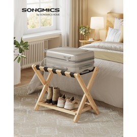 SONGMICS Solid Wood Luggage Rack, No Assembly Required, Foldable Suitcase Stand, Luggage Holder, with Storage Shelf, for Guest Room, Hotel, Bedroom, Natural Beige URLR020N02