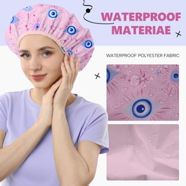 Years Calm Evil Eye Shower Caps for Women Reusable Waterproof, Pattern and Solid Color Dual-Layer Design, Hair Cap for Shower with Elastic Band, Fits Braids, Dreadlocks & Long Hair (Pink)