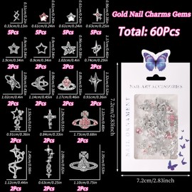 COOSLIM 60PCS Silver Nail Charms Cross Star Charms for Nails 3D Saturn Planet Nail Jewelry Pink Nail Rhinestone Gems Mixed Style Y2K Nail Decoration Manicure Design Nail Accessories 1