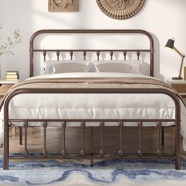 VECELO Full Size Victorian Style Metal Bed Frame with Headboard Classic Metal Platform Bed Frame Mattress Foundation with Victorian Style Footboard/Under Bed Storage/No Box Spring Bronze
