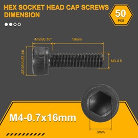 DTGN M4 0.7x16mm Hex Socket Head Cap Bolts Carbon Steel 50pcs Full Thread Cap Bolts Road Bike Hex Socket Head Cap Bolts Best for Mountain Bike Auto Motorcycle Hex Head Metric Bolts Black