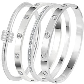 Camhanno Stainless Steel Bangle Bracelet Set for Women - Silver/Gold Love Bangle Jewelry with Sparkling Crystal Inlay for Love Gifts (Silver-2)