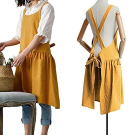 FADUOFA Fashion Cotton Kitchen Apron Korean Style and Linen Cooking Waist for Cooking Baking Painting Gardening Cleaning (Yellow)