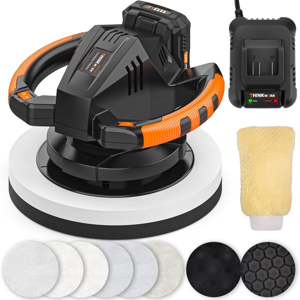 THINKWORK Buffer Polisher, 20V Cordless Buffer Polisher, 10 Inch Portable Polishing Machine Kit for Car, with 2Ah Rechargeable Battery, 6 Variable Speed 1500-3600RPM,Double handle,Ideal for Car Waxing