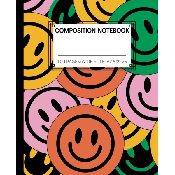 Composition Notebook Wide Ruled: Round Smile Faces Pattern Cute Aesthetic