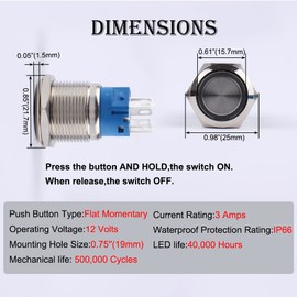 JIQI 2Packs 19mm 0.75'' Momentary Push Button Switch 12V-24V LED On Off Waterproof Metal Switch 1 NO 1 NC with Wire Socket Plug for 3/4'' Mounting Hole(Green)