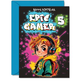 5th Birthday Card boys - Epic Gamer boy - Happy Birthday Card for 5 Year Old boy Kids, A5 Five Fifth Bday Video Game Gaming Greeting Cards