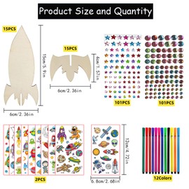 231 Pieces Rocket Craft Set, Rocket Wooden Craft Set, Children's Birthday Crafts, Rocket Toy, with 15 Rockets Wood, 202 Rhinestones, 12 Colouring Pencils, 2 Stickers, Craft Set for Children DIY Crafts