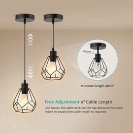 EMKE Vintage Pendant Light, Modern Black Metal Ceiling Pendant Lamp E27 Base Diamond Lampshade Hanging Light with Adjustable Rise and Fall for Living Room, Kitchen and Bedroom, 1-Light