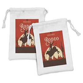 Ambesonne Vintage Fabric Pouch Set of 2, Rodeo Cowboy Riding Bull Wooden Old Sign Western Style Wilderness at Sunset Image, Small Drawstring Bag for Toiletries Masks and Favors, 9" x 6", Orange Brown