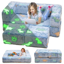 Lamerge Toddler Couch Glow in The Dark Toddler Fold Out Couch for playroom, Convertible Baby Fold Out Play Foam and Floor Cushion for Bedroom (Blue+Dinosaur)