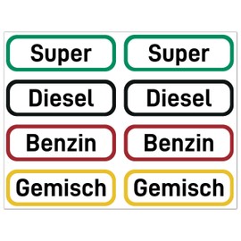 Fuel Sticker for Canister Labelling (Set of 8 - 60 x 20 mm) - Petrol, Diesel, Super, Mixture/Petrol Mix - Fuel Sticker for Car, Motorcycle, Fuel Cap, Chainsaw and Lawnmower