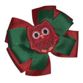 Christmas Owl Pinwheel Hair Bow 4" Red Green