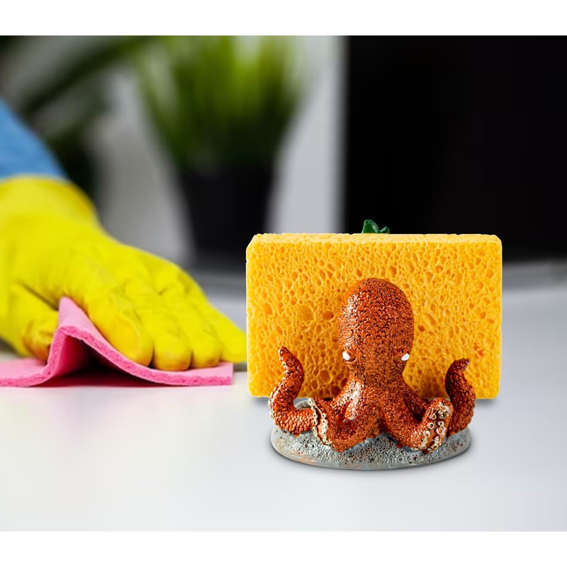 Cute Octopus Sponge Holder - Red, Resin, Practical Sink Kitchen