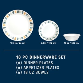 Corelle Vitrelle 18 Piece Glass Dinnerware Sets, Service for 6, Triple Layer Chip & Crack Resistant Glass Plate and Bowl Sets, Anders