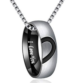 Couples Rings, 6mm Stainless Steel Heart Matching Couple Ring Sets I Love You Band Jewelry Promise Engagement Wedding Black Couples Necklace for Boyfriend Husband Men Size 6