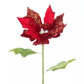 Factory Direct Craft Red Velvet Glitter Poinsettia Stem Holiday Decor