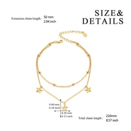 POPLYKE Star Layered Anklet Sterling Silver Gold Plated For Women Summer Adjustable Pentagram Beach Boho Gifts