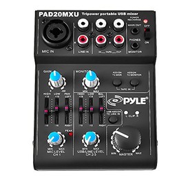 5 Channel Audio Mixer - DJ Sound Controller Interface with USB Soundcard for PC Recording, XLR 3.5mm Microphone Jack, 18V Power, RCA Input and Output for Professional and Beginners - Pyle PAD20MXU