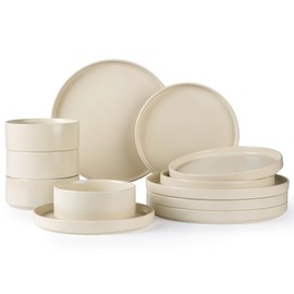 TheTerra Ceramic Dinnerware Sets for 4, 12 Pieces Handmade Reactive Glaze Plates and Bowls Set, Scratch Resistant Dish Set, Oven & Microwave & Dishwasher Safe