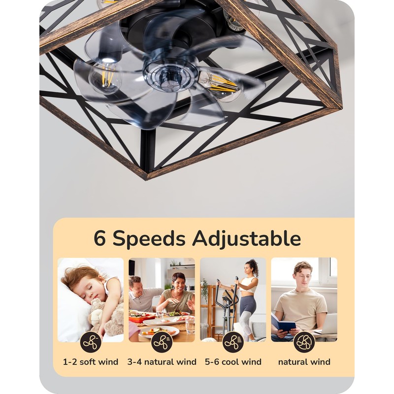 EDISHINE Caged Ceiling Fans with Lights Flush Mount, Rustic Square