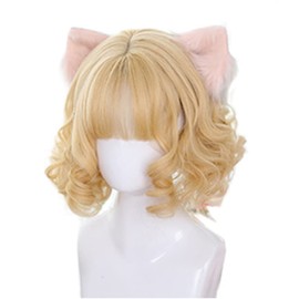 Lolita Wig, GAL Type, Heat Resistant Wig, Volume, Curl Midi, Short, For Daughters, Perm, Wave, Cosplay, Party, Lolita Style, Daily Gradient Wig, Wig (Gold)