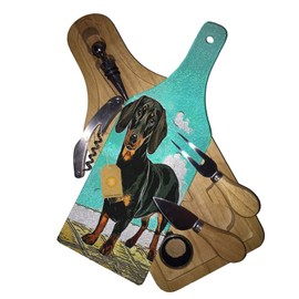 Sunshine Cases Wine & Cheese Glass Cutting Board Gift Set - Adorable Dachshund Puppy