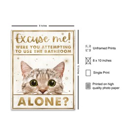 Excuse Me Cat Bathroom Wall Art - Funny Bathroom Wall Decor - Guest Bathroom Accessories - Bath Wall Decor - White Gold Bathroom Decorations for Women Kitty Kitten Cat Lover - Powder room Wall Art