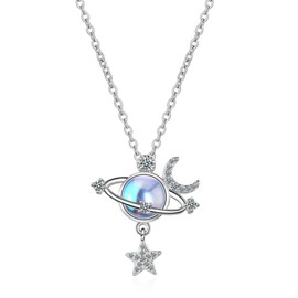 QLUYCKW Galaxy Pendant Necklaces Star Moon Surrounding Fantasy Planet Stars Necklaces Birthday Christmas Valentines Jewelry Gifts for Women (Light Blue)